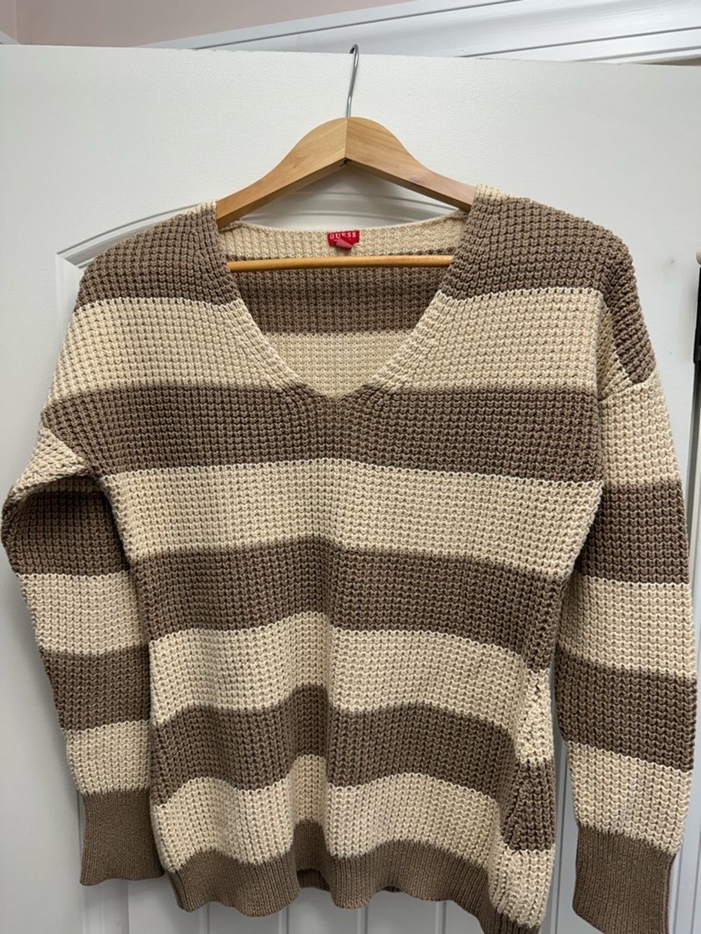 Guess Striped V-Neck Sweater in Cream & Brown